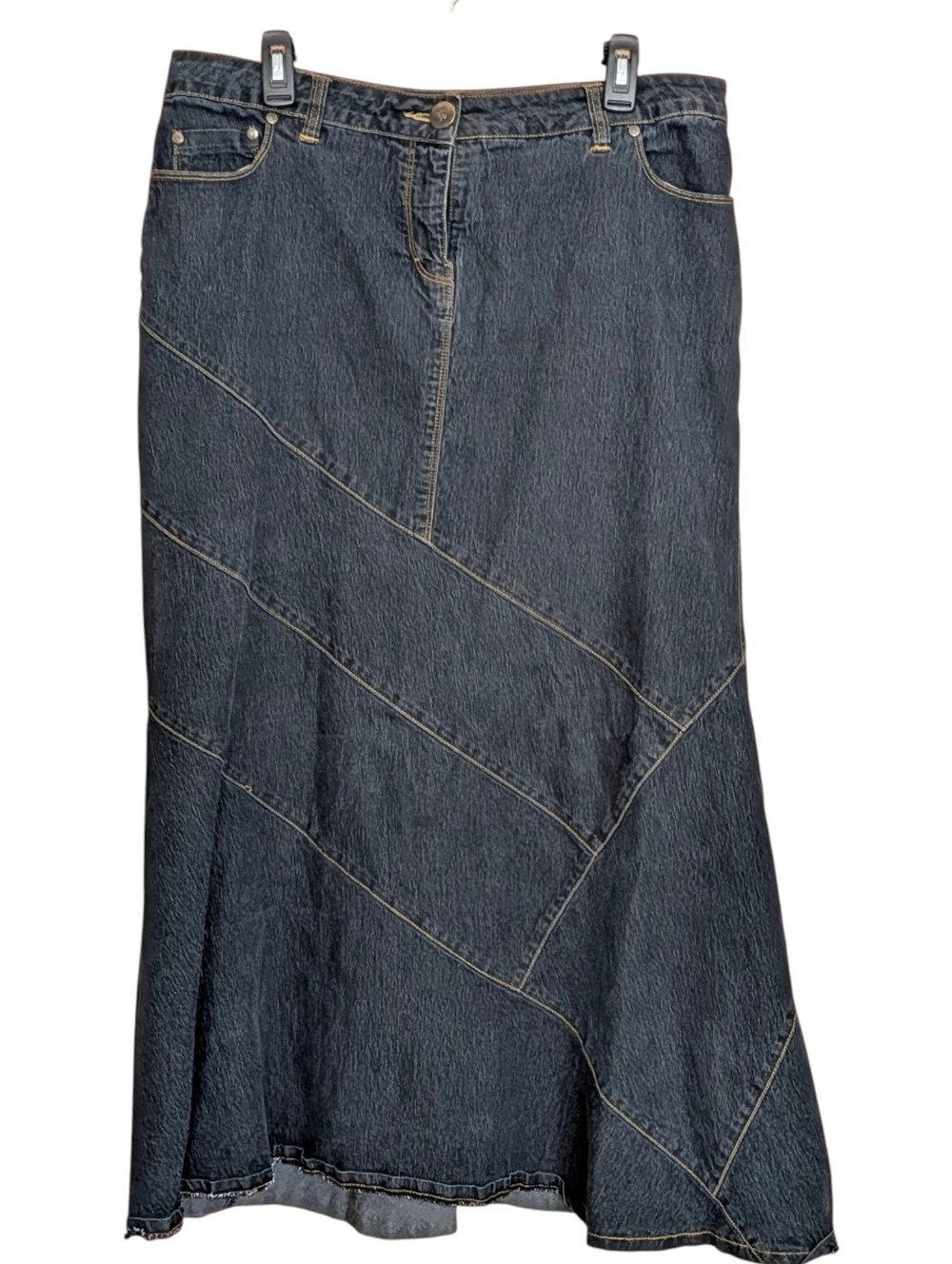 Bisou Bisou Dark Indigo Panelled Denim Maxi Skirt 16W Country Bohemian Patchwork - Picture 2 of 6